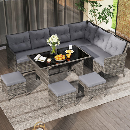 7 Pieces Patio Dining Furniture Set Outdoor PE Rattan Sectional Sofa Set-Grey