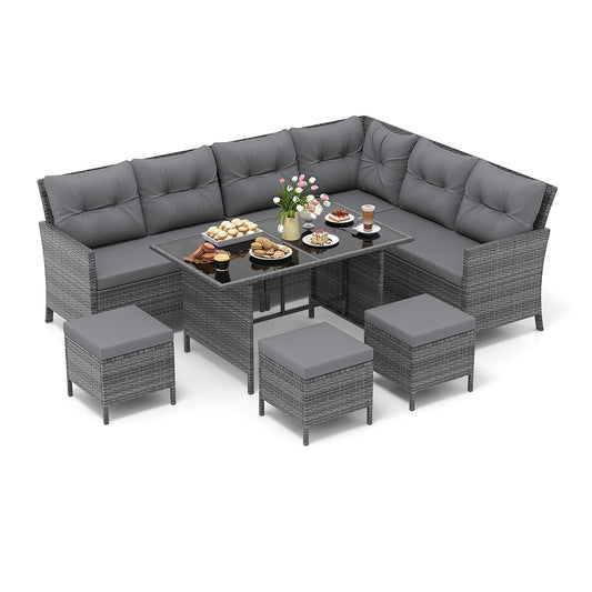 7 Pieces Patio Dining Furniture Set Outdoor PE Rattan Sectional Sofa Set-Grey