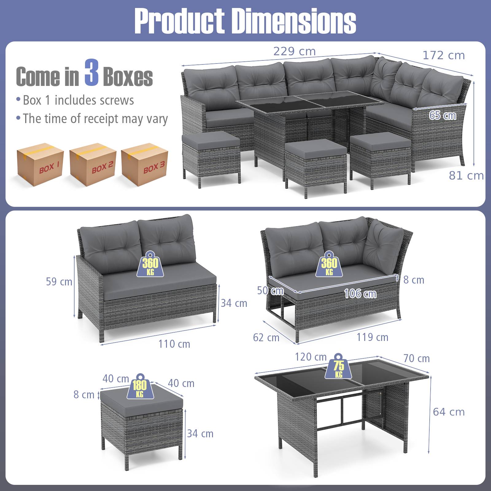 7 Pieces Patio Dining Furniture Set Outdoor PE Rattan Sectional Sofa Set-Grey