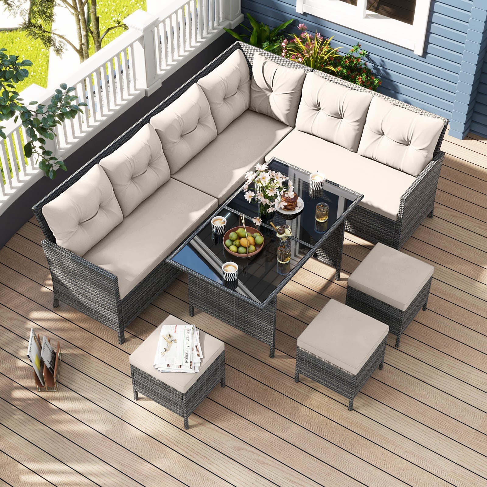 7 Pieces Patio Dining Furniture Set Outdoor PE Rattan Sectional Sofa Set-Off White
