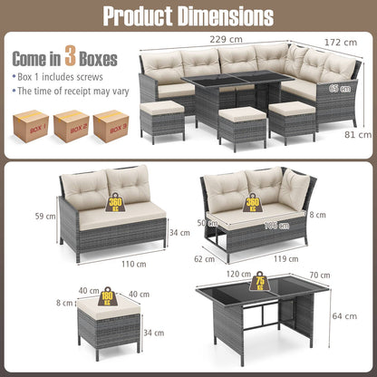 7 Pieces Patio Dining Furniture Set Outdoor PE Rattan Sectional Sofa Set-Off White