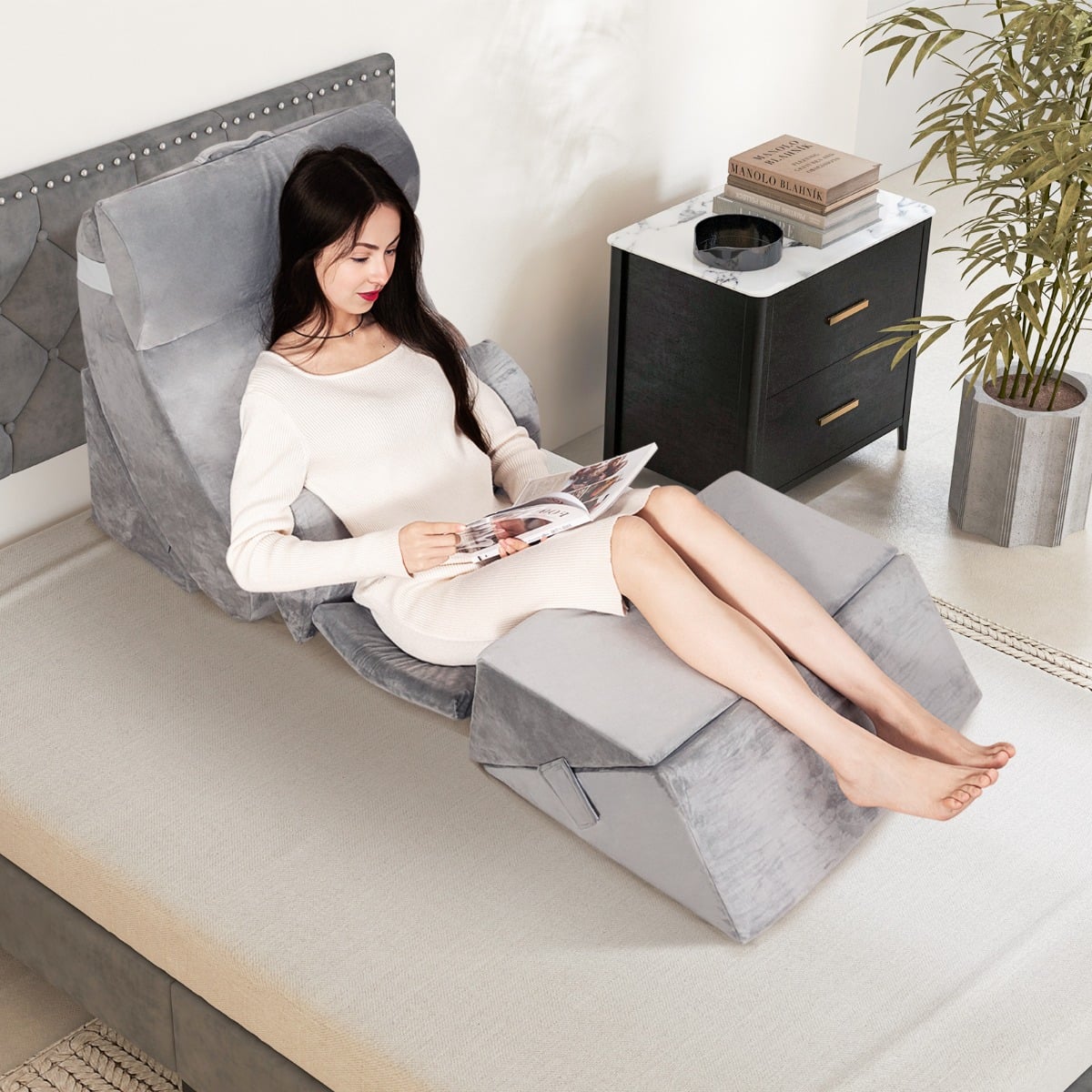 7 PCS Adjustable Support Pillow Set Bed Wedge Pillows with Memory Foam-Grey