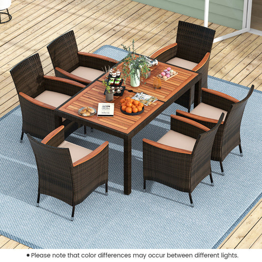 7-piece seating set with acacia wood table top & stackable chairs black