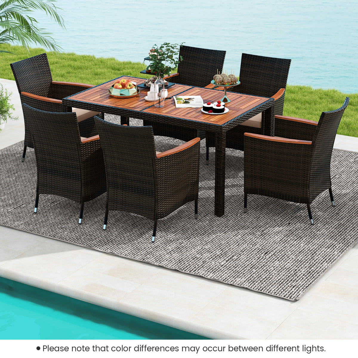7-piece seating set with acacia wood table top & stackable chairs black