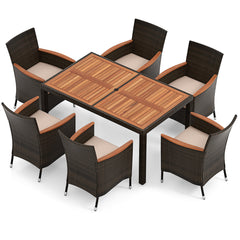 7-piece seating set with acacia wood table top & stackable chairs black