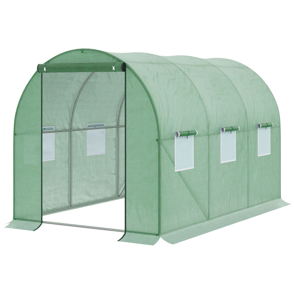 Outsunny Walk-in Polytunnel Greenhouse, Outdoor Garden Tunnel Greenhouse Tent with Zipped Roll-Up Door, Green