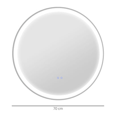 مرآة حمام دائرية من كلينكين مع أضواء LED، مرآة مكياج قابلة للتعتيم مثبتة على الحائط مع 3 ألوان درجة حرارة، غشاء مضاد للضباب ووظيفة الذاكرة، بدون إطار، سلكية، 70 × 70 سم