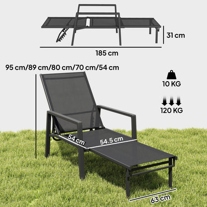 Outsunny Sun Lounger Retractable Footrest 5-Position Adjustable Steel Frame for Beach, Porch, Patio, Camping, Black
