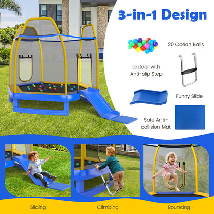 7 Feet Hexagonal Trampoline with Slide and Safety Enclosure Net-Blue