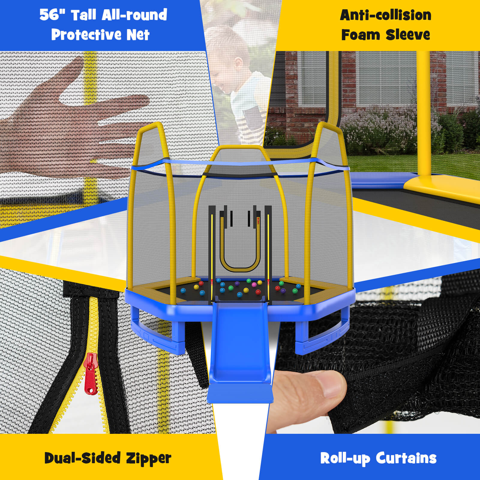 7 Feet Hexagonal Trampoline with Slide and Safety Enclosure Net-Blue