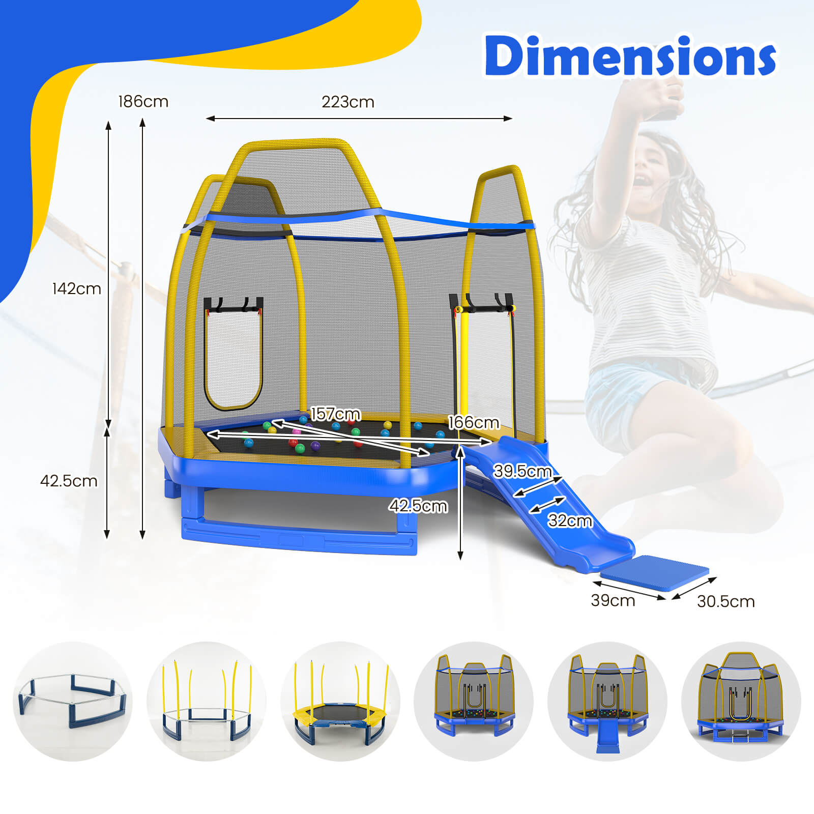 7 Feet Hexagonal Trampoline with Slide and Safety Enclosure Net-Blue