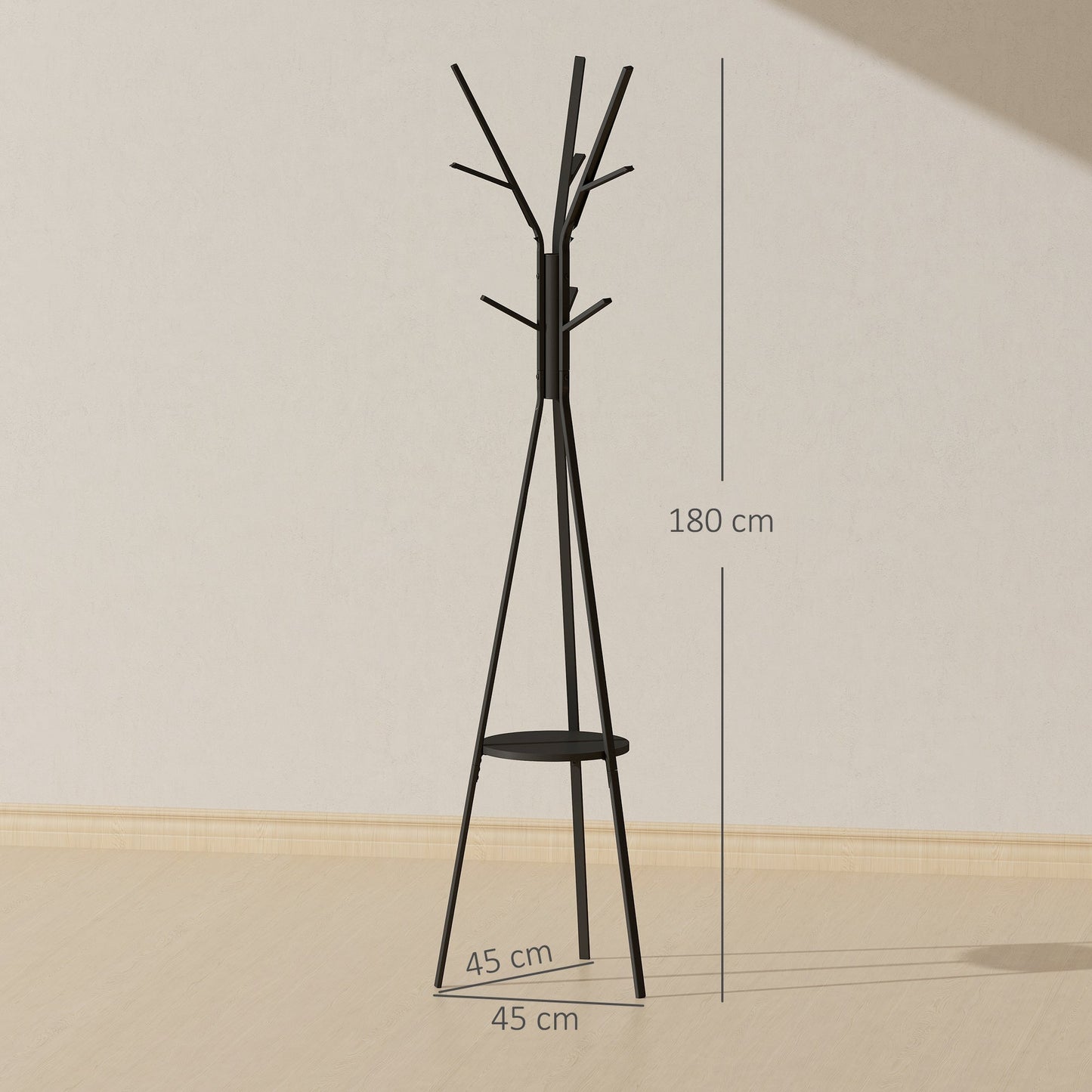 HOMCOM Freestanding Metal Coat Rack Stand 9 Hooks Clothes Tree with 1 Shelf Hat Display Hall Tree Hanger Bag Umbrella Hanging Organiser Black