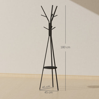 HOMCOM Freestanding Metal Coat Rack Stand 9 Hooks Clothes Tree with 1 Shelf Hat Display Hall Tree Hanger Bag Umbrella Hanging Organiser Black