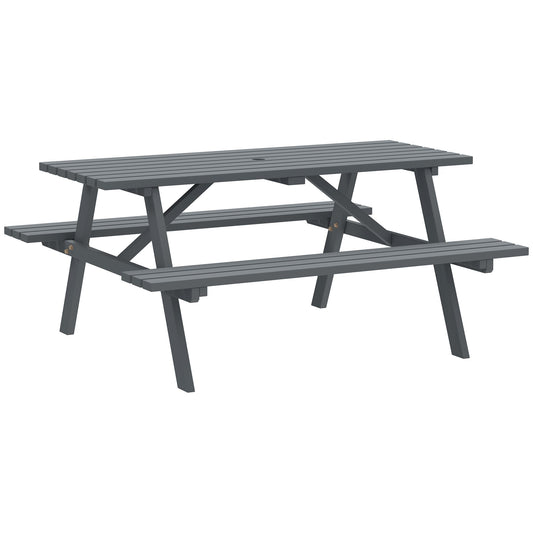 Outsunny 6 Seater Wooden Picnic Table Bench for Outdoor Garden or Patio with Parasol Cutout 150 cm Grey
