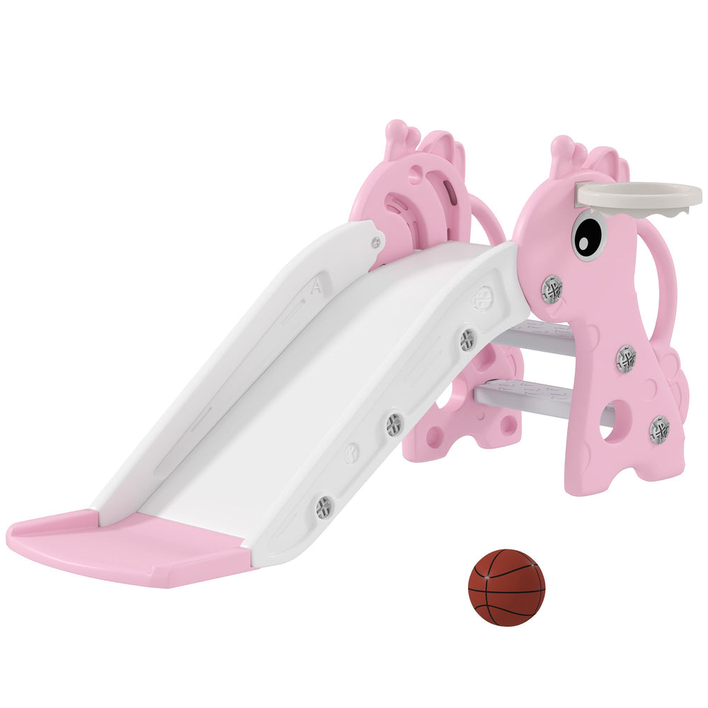 AIYAPLAY 3 in 1 Kids Slide with Climber, Basketball Hoop and Ball, Giraffe Shape Climber Slide for Indoor Kids Age 1-3, Pink