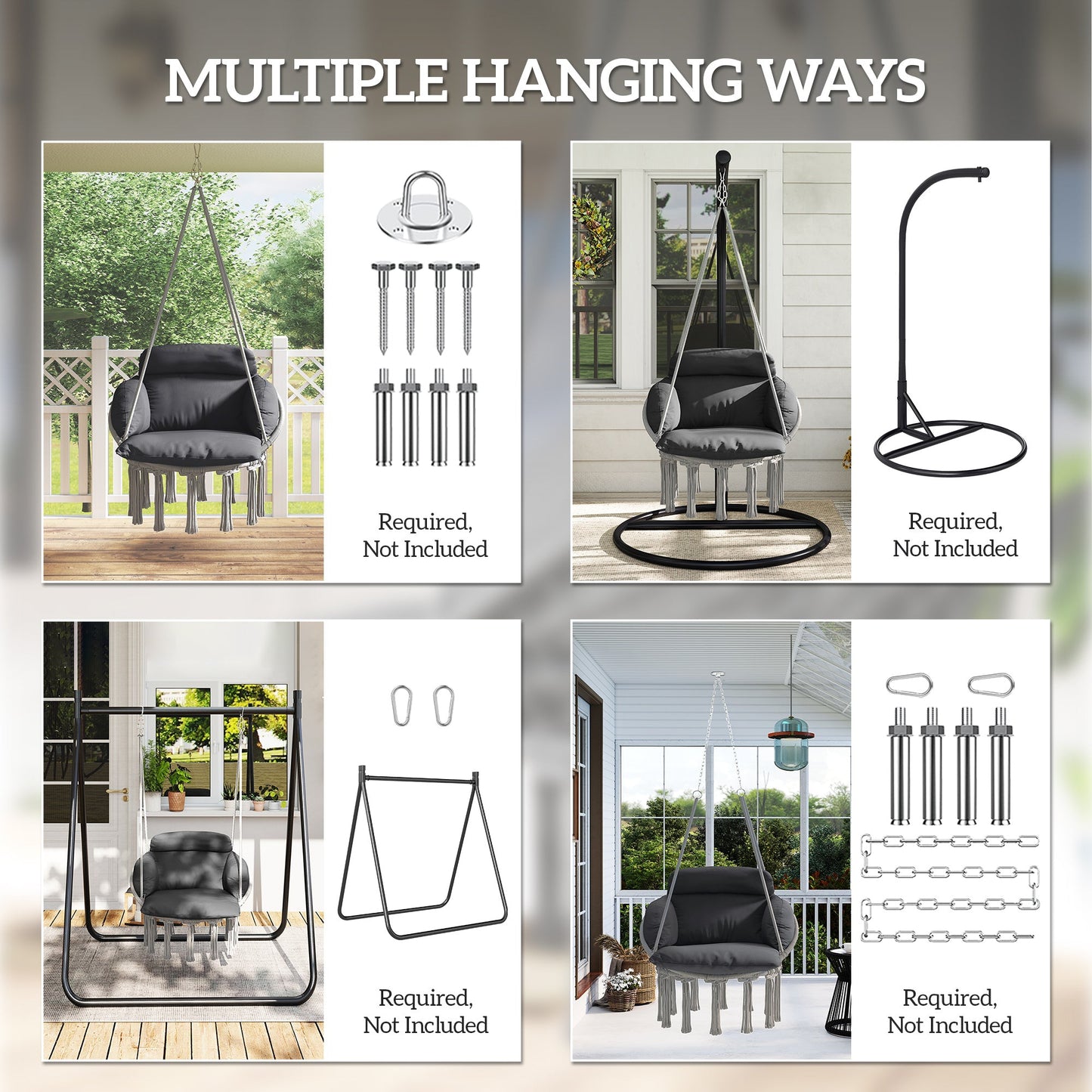 Outsunny Hanging Chair Outdoor Hammock Chair with Soft Cushion, Cotton Rope Boho Style Swing Chair, Hanging Garden Swing Seat for Indoor Outdoor, Dark Grey