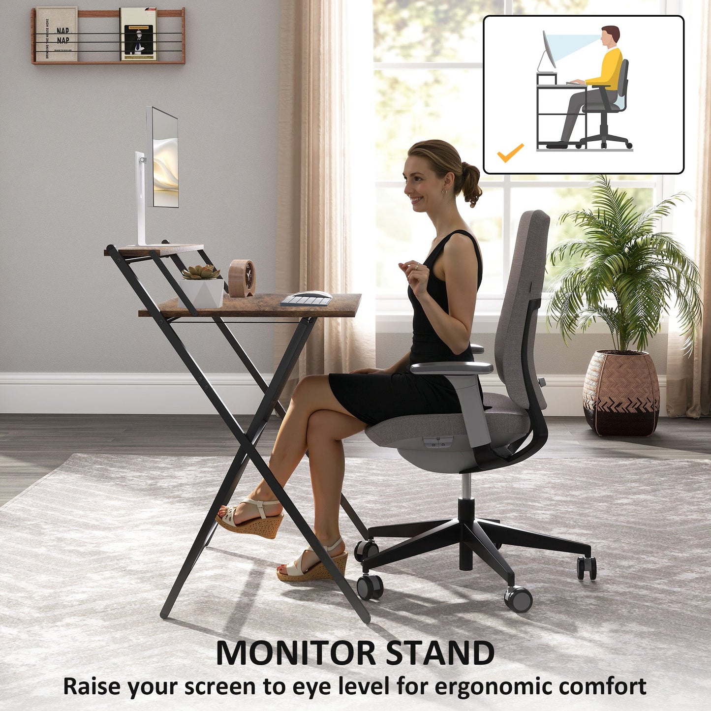 HOMCOM 81.5 cm Folding Computer Desk with Monitor Shelf - Rustic Brown