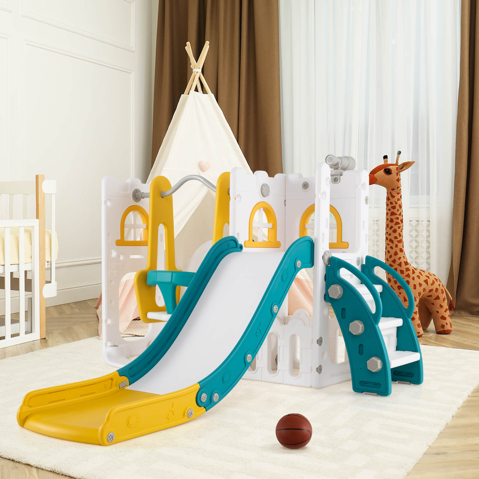 7-in-1 Toddle Slide Set with Swing Seat and Basketball Hoop and Ladder-Yellow