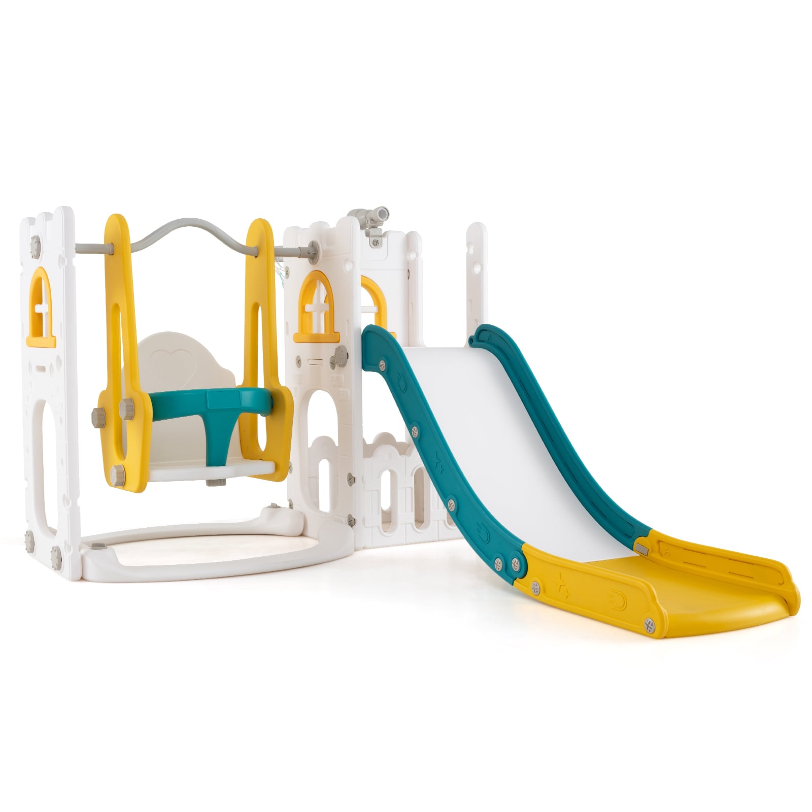7-in-1 Toddle Slide Set with Swing Seat and Basketball Hoop and Ladder-Yellow
