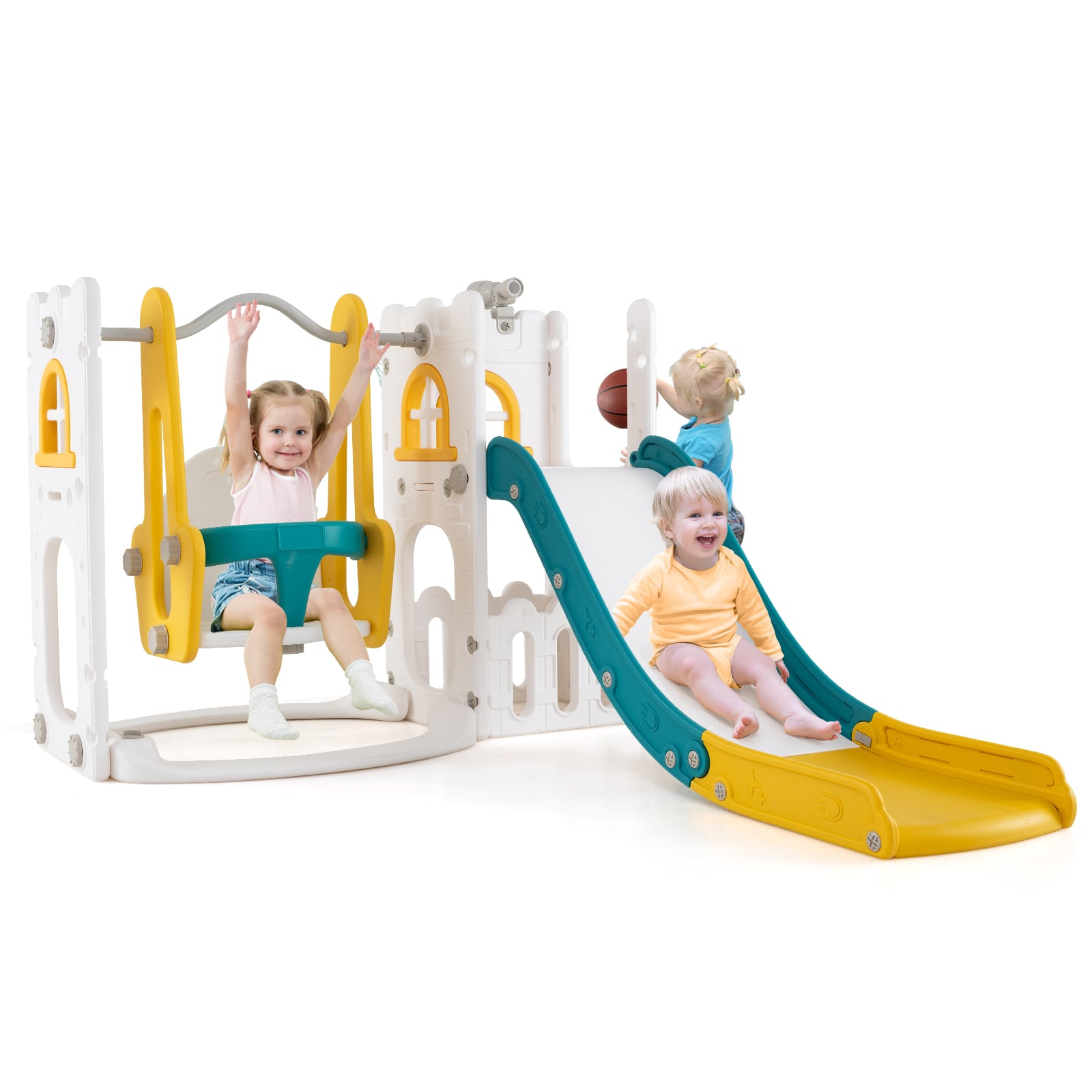 7-in-1 Toddle Slide Set with Swing Seat and Basketball Hoop and Ladder-Yellow