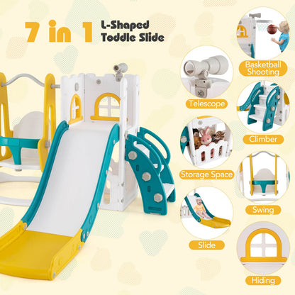 7-in-1 Toddle Slide Set with Swing Seat and Basketball Hoop and Ladder-Yellow