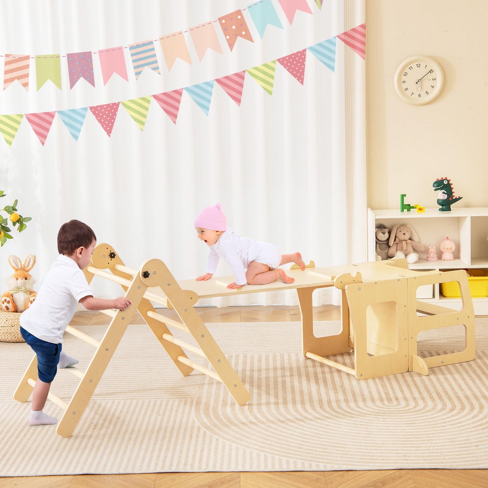 7-in-1 Toddler Climbing Toy Set Folding with Step Stool Ages 3-14 Years Old-Natural