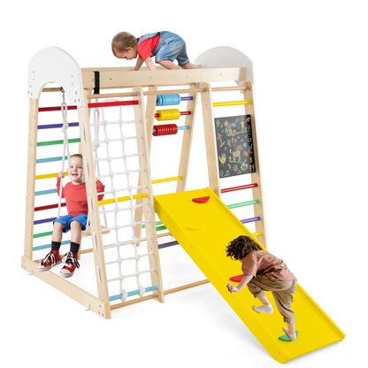 7-in-1 Wooden Climbing Toy Set for Toddlers with Monkey Bars and Blackboard-Colourful