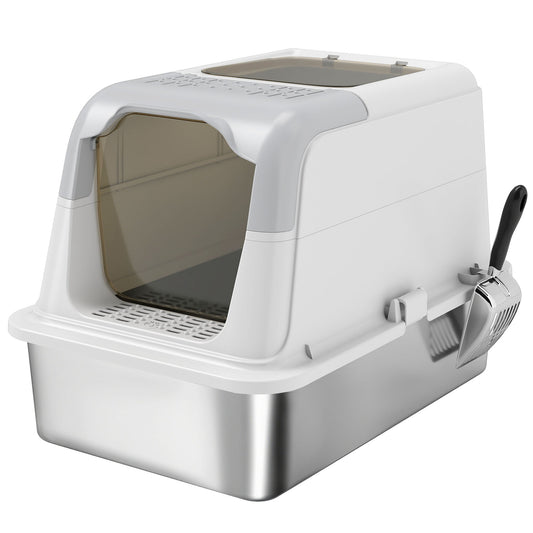 PawHut Extra Large Stainless Steel Litter Box, Enclosed Cat Litter Tray with Scoop, Deodorizer Bag, Front-Entry and Top-Exit