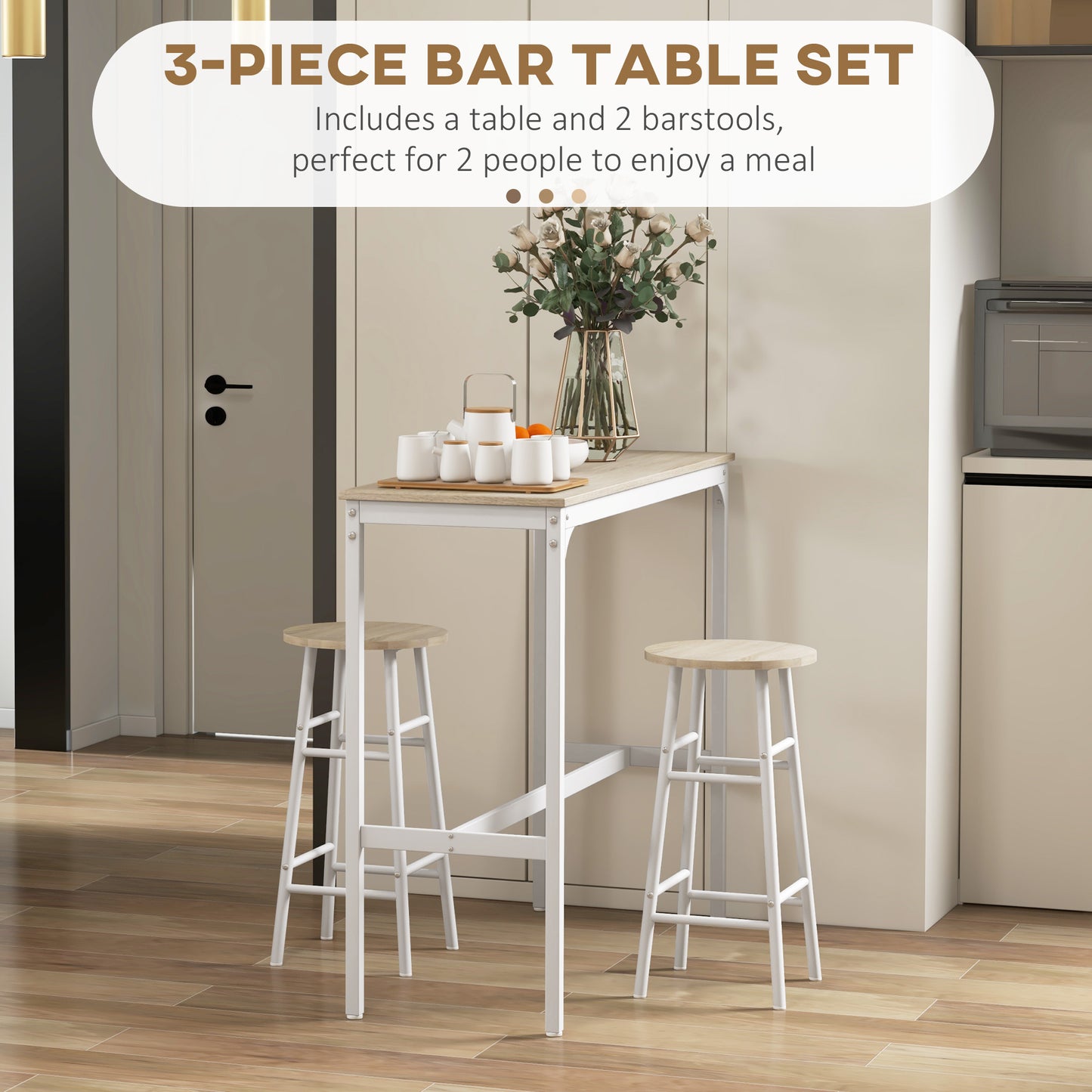 HOMCOM 3 Piece Bar Table Set with 2 Stools, Industrial Bar Table and Stool Set, Dining Table and Chair Set, Oak