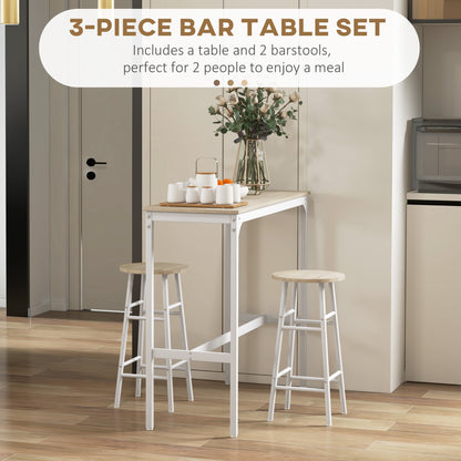 HOMCOM 3 Piece Bar Table Set with 2 Stools, Industrial Bar Table and Stool Set, Dining Table and Chair Set, Oak