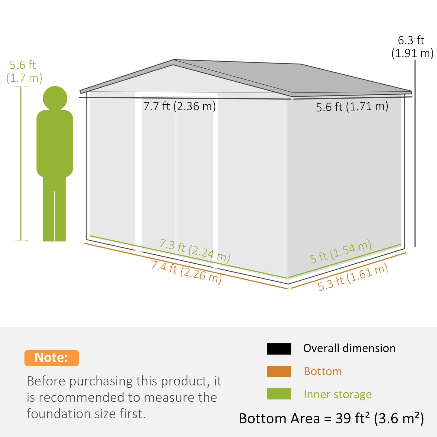 Outsunny 8 x 6ft Galvanised Steel Shed, with Double Door - Green