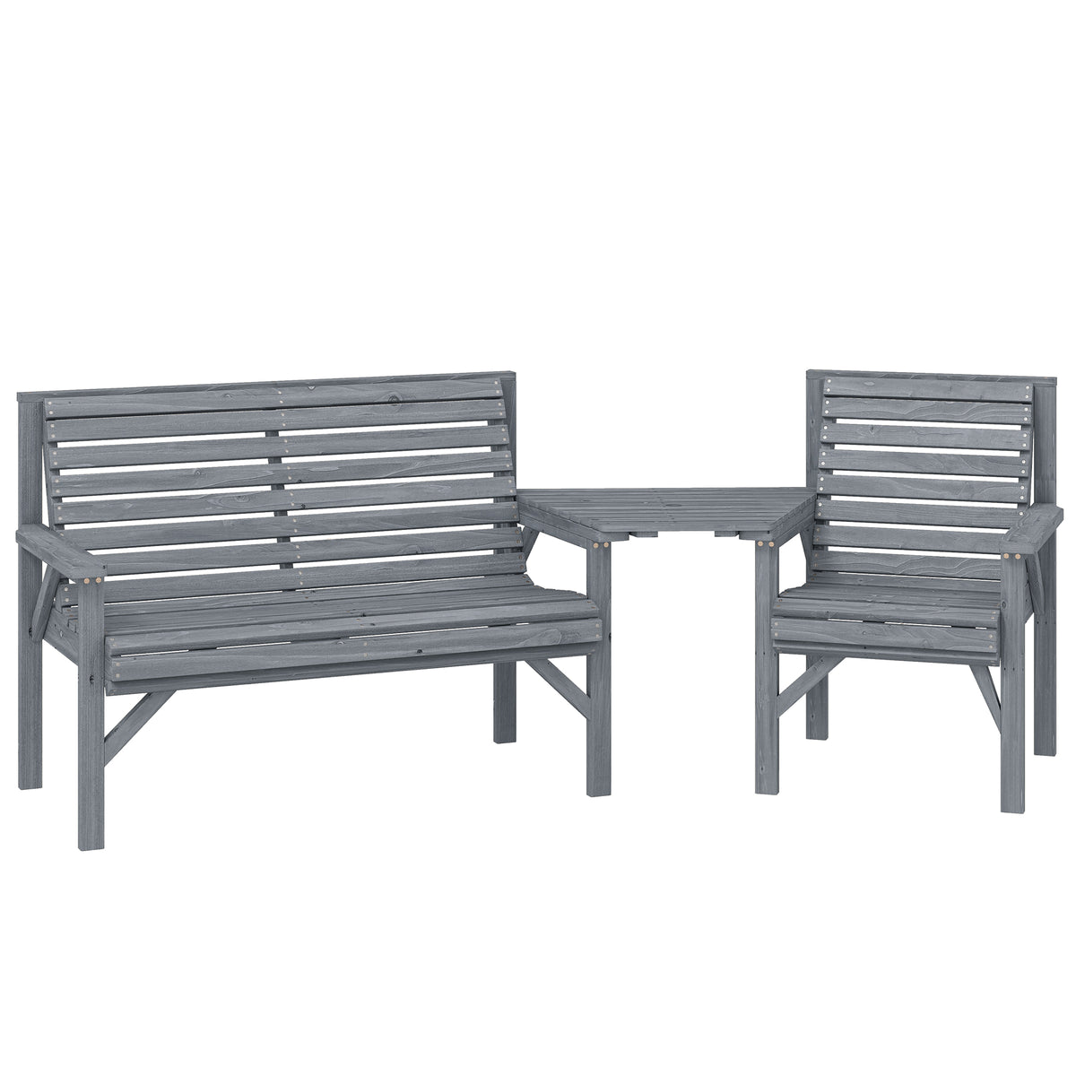 Outsunny Wooden Garden Furniture Set with Parasol Hole, 1 Chair, 1 Bench and Detachable Table, Grey Embossed Finish