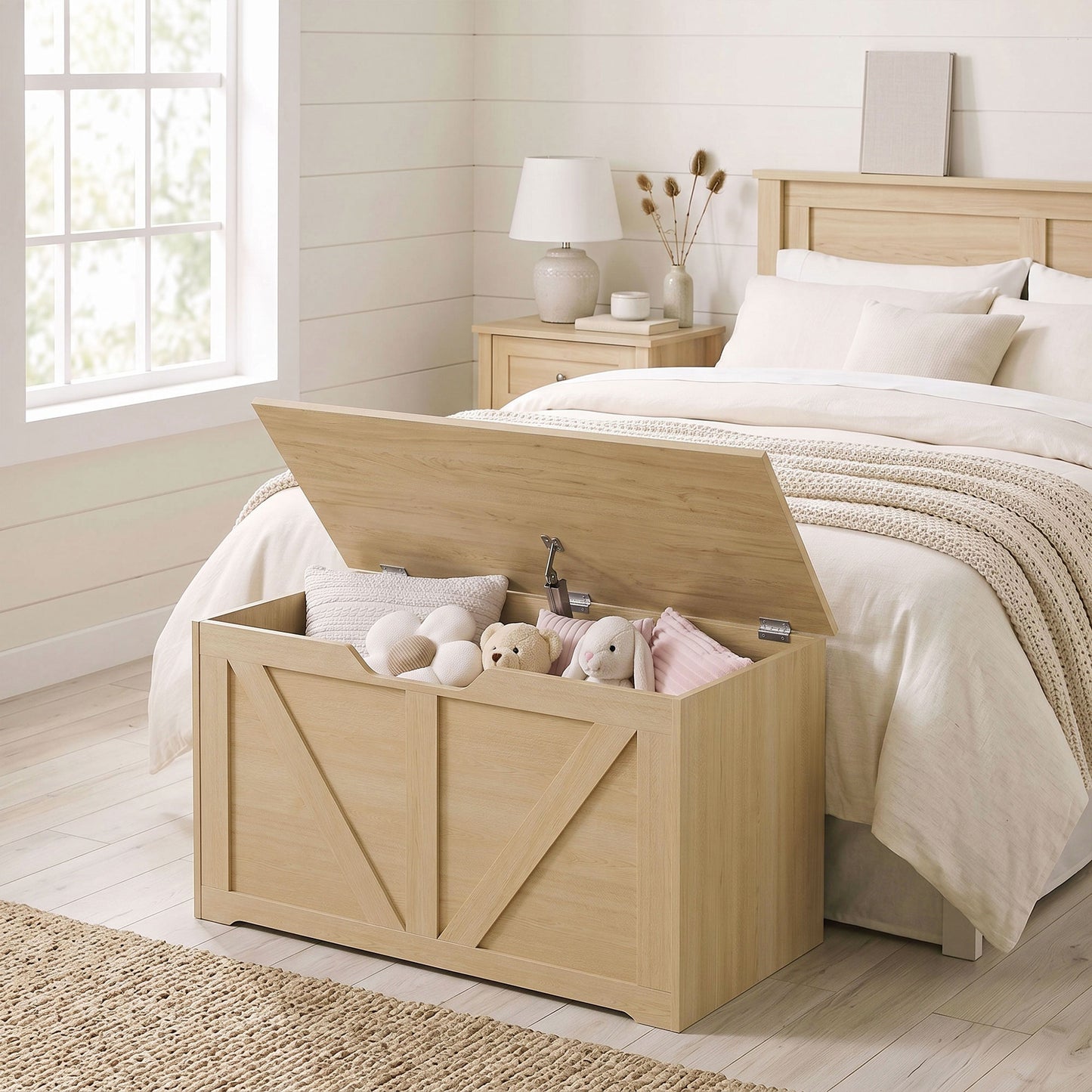 HOMCOM 100L Home Storage Box, with Safety Hinge - Nature Wood Finish
