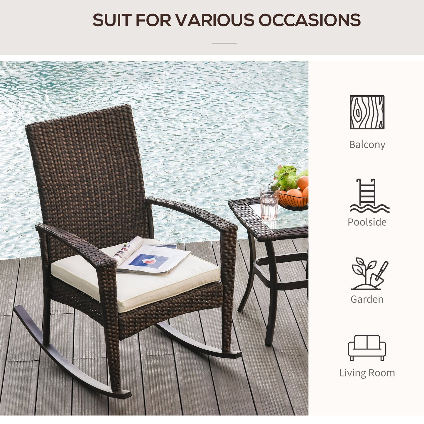 Outsunny Outdoor PE Rattan Rocking Chair, Garden Rocking Chair Set with Armrest and Cushion, Brown