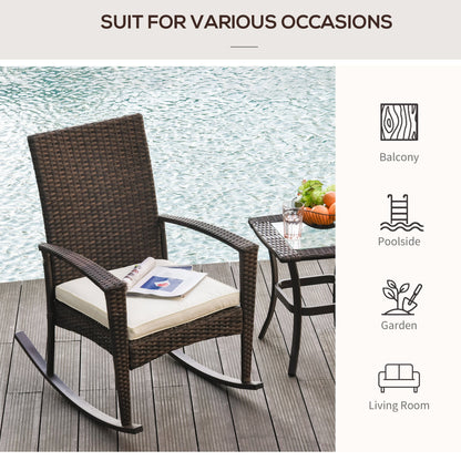 Outsunny Outdoor PE Rattan Rocking Chair, Garden Rocking Chair Set with Armrest and Cushion, Brown