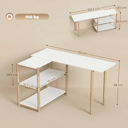 HOMCOM Computer Desk with Storage Shelves Modern Writing Desk Bamboo Frame for Home Office 150 cm White and Oak