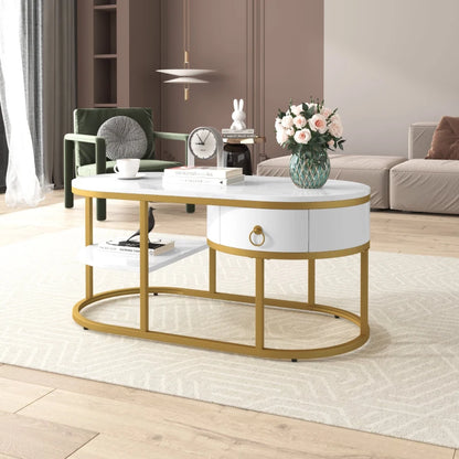 Oval Coffee Table with Marble Look, Golden Iron Frame, Drawers, and Shelves, 100x50x45 cm, White