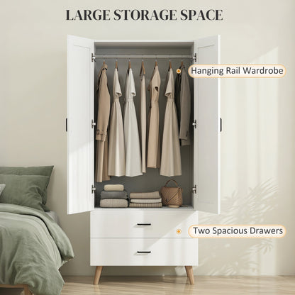 HOMCOM 2-Door Wardrobe, Modern Wardrobe with 2 Drawers and Hanging Rail for Bedroom, White