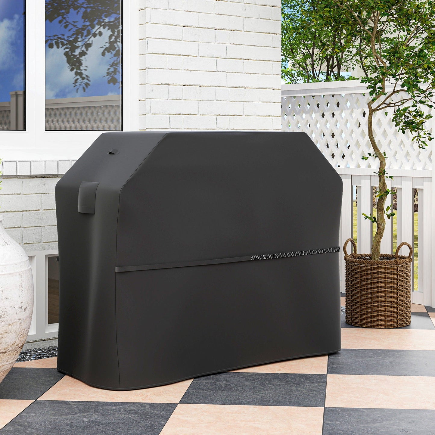 Outsunny BBQ Cover for Rectangular Gas Grill, 600D UPF30+ Oxford Fabric Barbecue Cover for Waterproof Protection Rip-Proof, with Windproof Hook and Loop Fasteners, Vents, 147 x 61 x 122 cm, Black