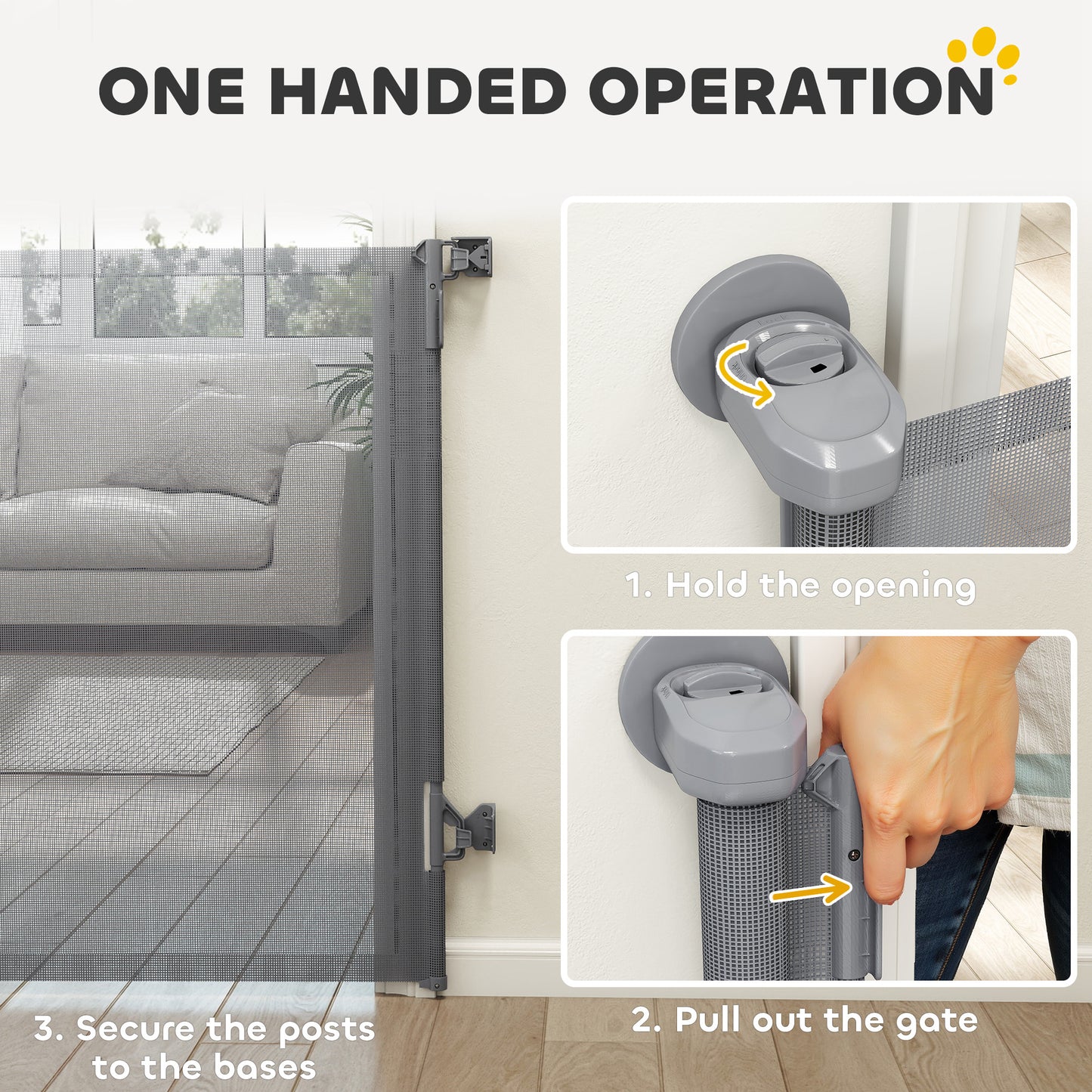 PawHut Retractable Dog Gate, Extends to 140 cm Wide & 93 cm Tall, Mesh Pet Gate with Single Hand Operation, for Stairs Doorways