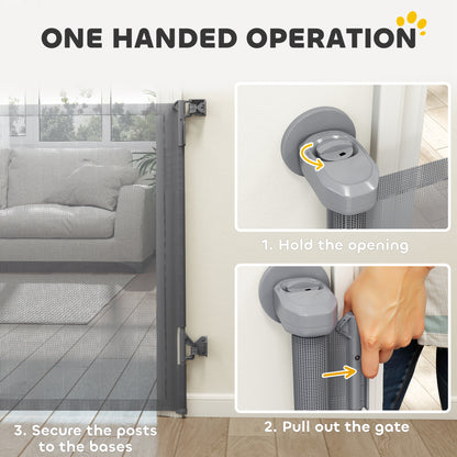 PawHut Retractable Dog Gate, Extends to 140 cm Wide & 93 cm Tall, Mesh Pet Gate with Single Hand Operation, for Stairs Doorways