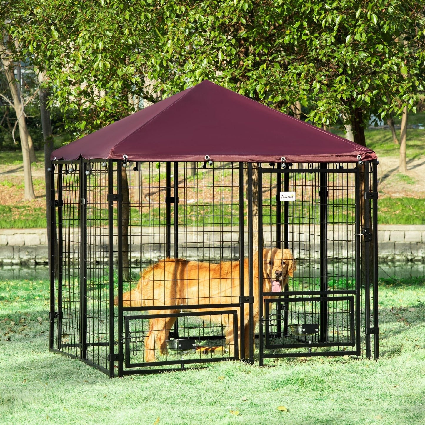 PawHut Outdoor Dog Kennel with Rotating Bowl Holders, Water and UV-Resistant Cover, for Medium, Small Dogs, Red