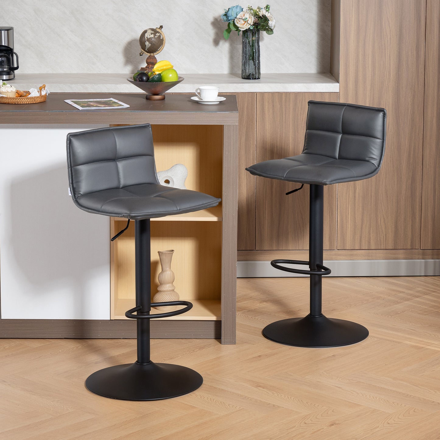 HOMCOM Set of Two Modern Faux Leather Bar Stools - Dark Grey