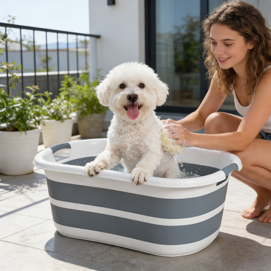 PawHut Dog Bath Tub, Portable Foldable Dog Bathtub with Drainage Hole, for Small Dogs Puppies Grey
