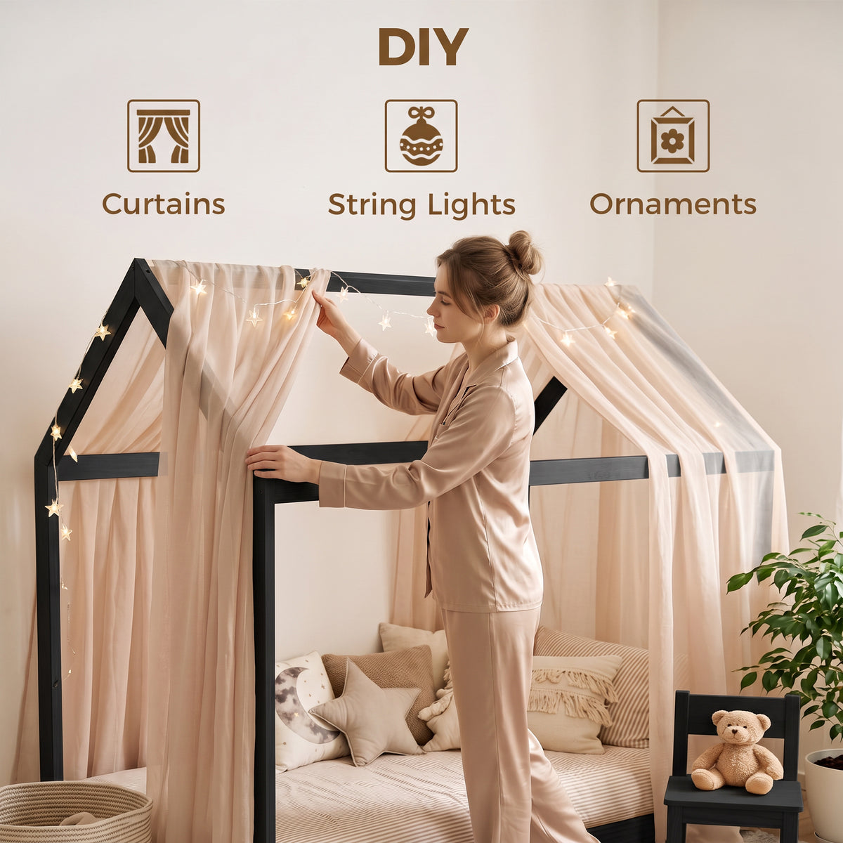 HOMCOM Single Bed Frame, House-Scandinavian-Style Wooden Bed Frame for 90W x 190D cm Mattress, Black