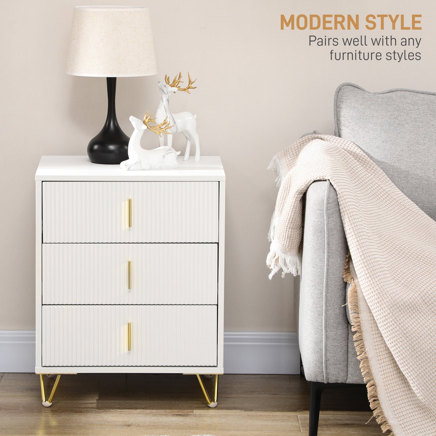 HOMCOM Set of 2 Elegant Chest of Three Drawers - White/Gold-Tone