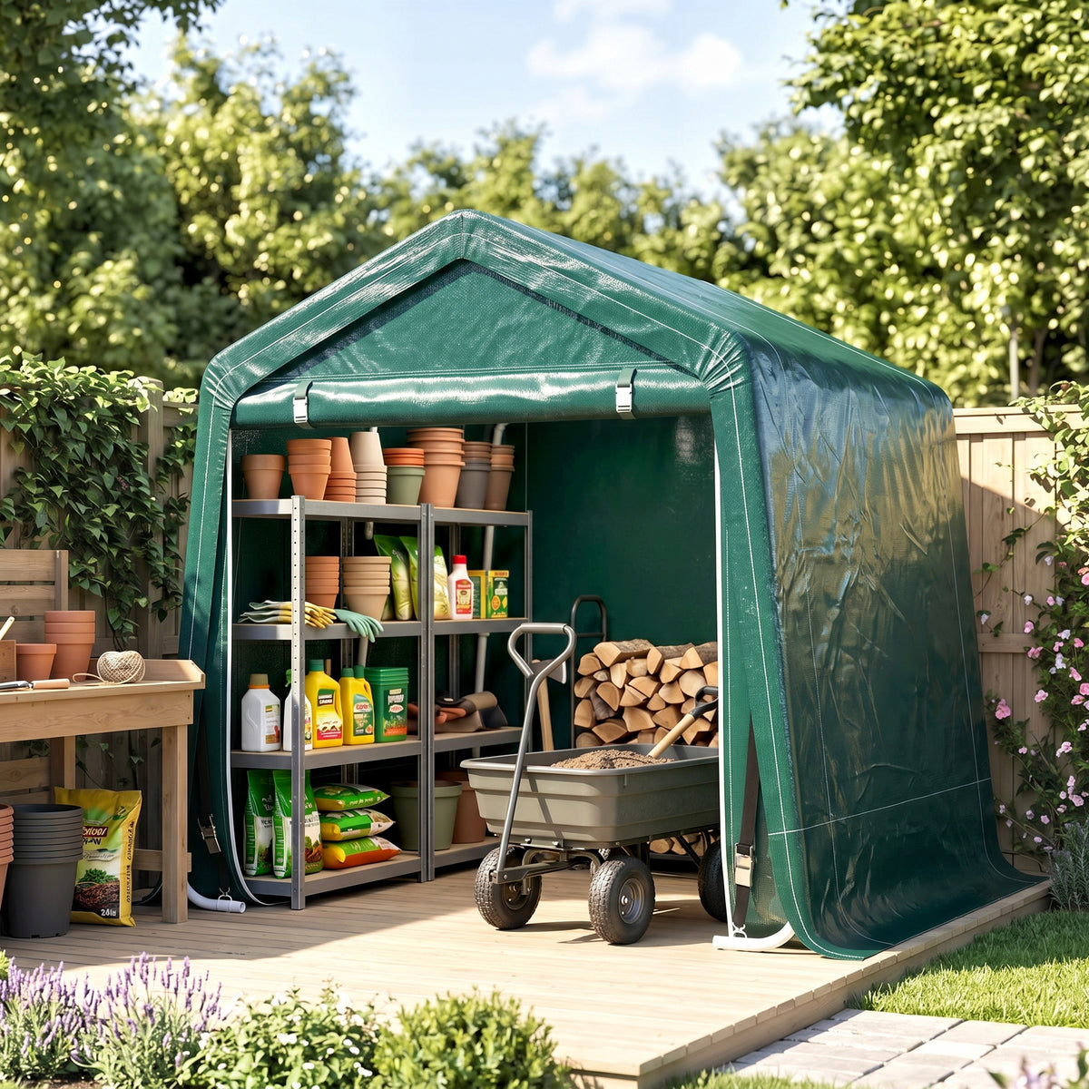 Outsunny 8 x 6.5 ft Outdoor Garden Storage Shed, Waterproof Portable Shed w/ Double Roll-up Zipper Door for Garden Tools, Green