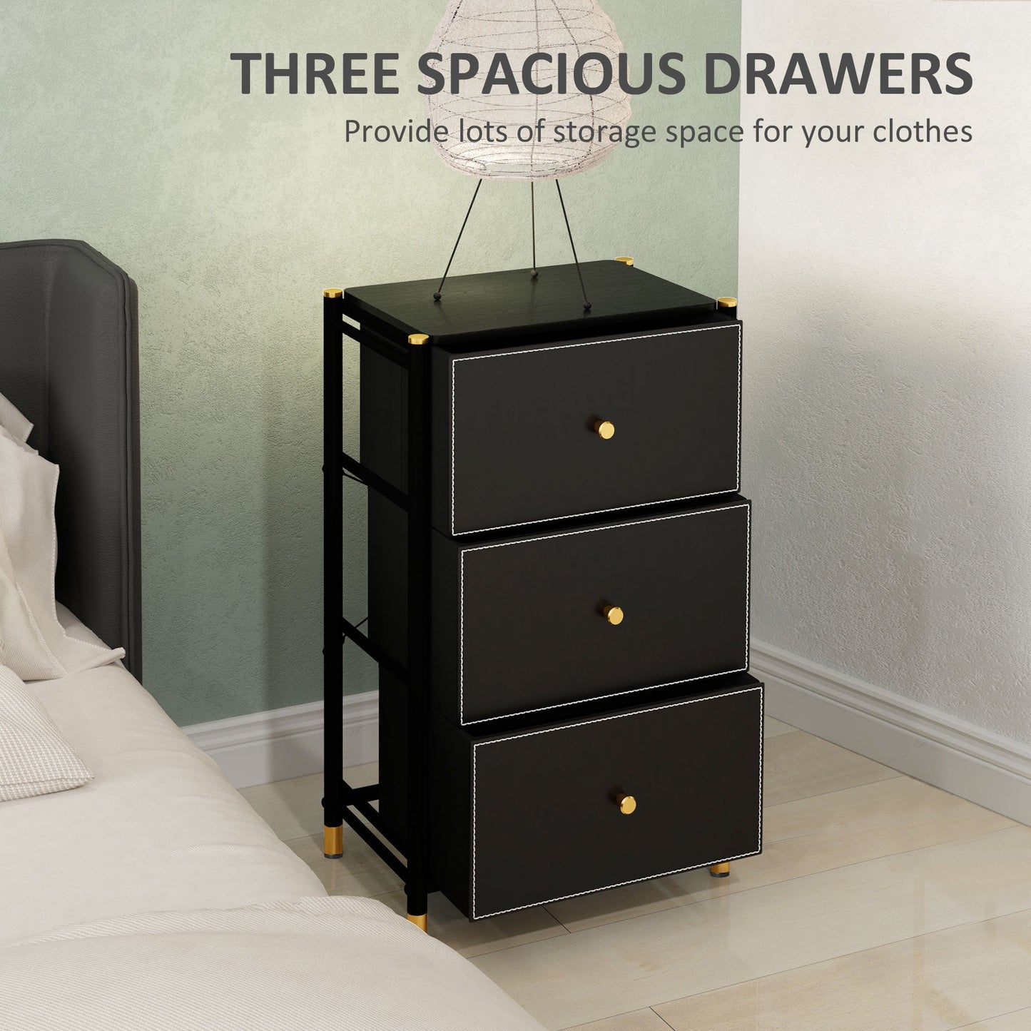 HOMCOM Faux Leather Front Chest of Three Drawers - Black