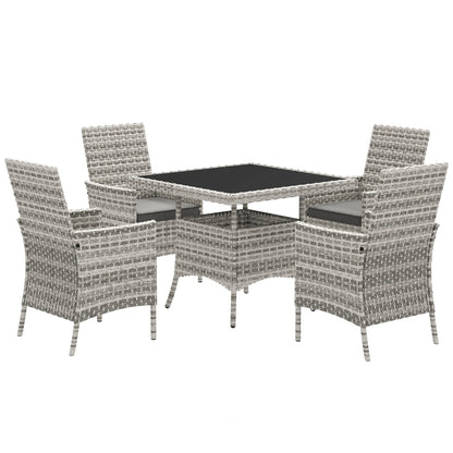 Outsunny Rattan Garden Furniture Set, Outdoor Dining Table and Chairs 4 Seater with Cushions, Square Tempered Glass Top, 4 Armchairs, for Balcony, Terrace, Conservatory, Mixed-Grey
