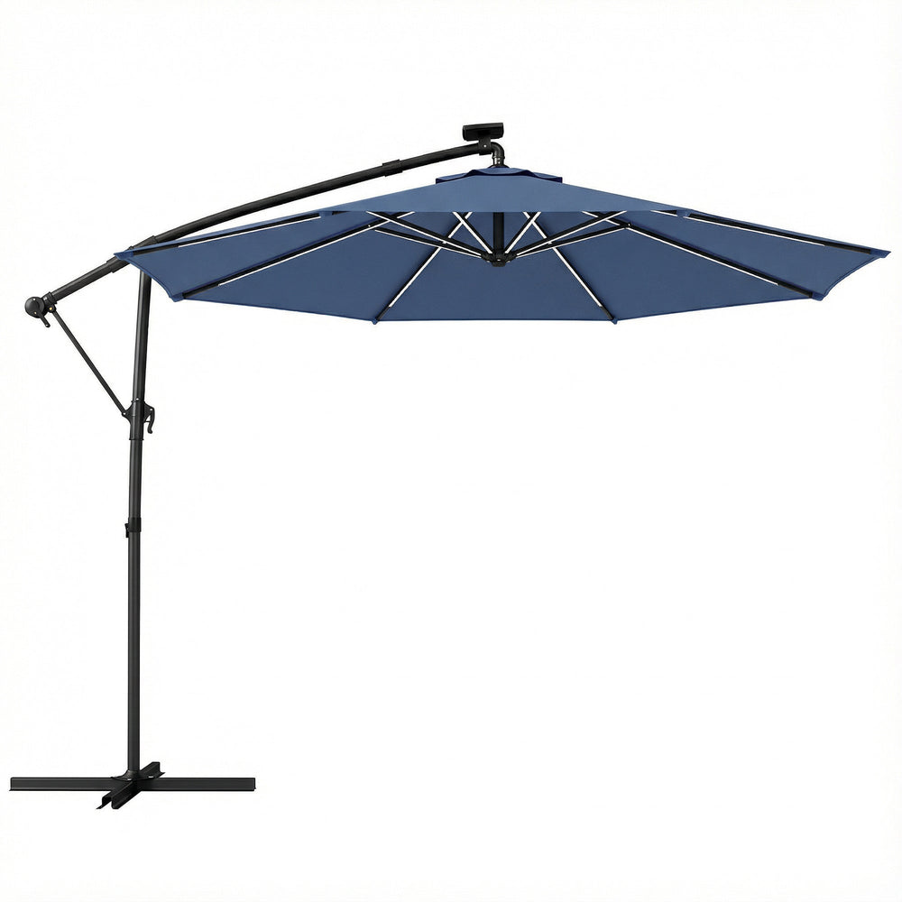 Outsunny 3 m Garden Cantilever Parasol with LED Solar Light, Round Overhanging Umbrella with 360 degrees Rotation, Cover, Navy Blue